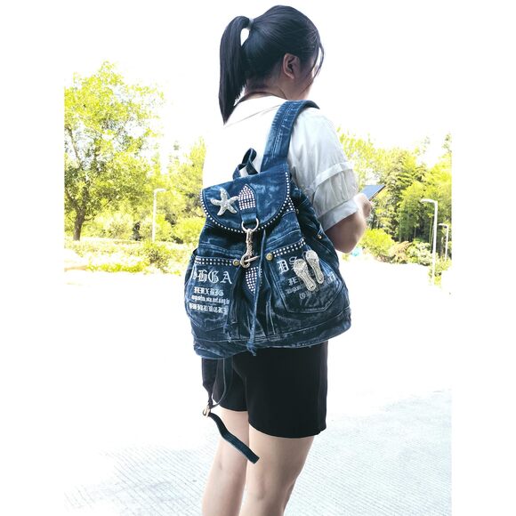 8097 Fashion Denim Backpack Purse Jean Bags With Rhinestones Decorations main image 5
